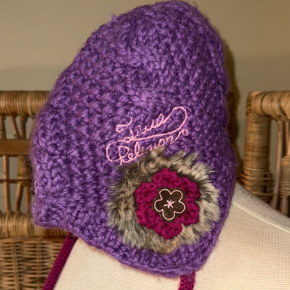 True Religion Purple Knit Hat with Floral Detail